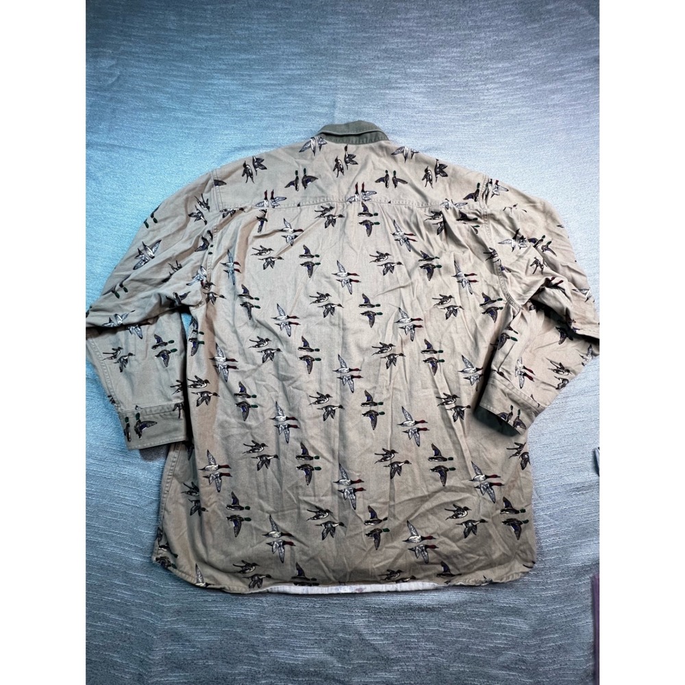 Mens Mallard Duck Flight Print Button Down Shirt Tan Cotton Canvas Hunting L - Picture 5 of 7